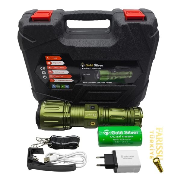 Gold Silver GS-15050 Profesyonel Şarjlı El Feneri - 14.000 Lümen / 32.000 mAh Dev Batarya