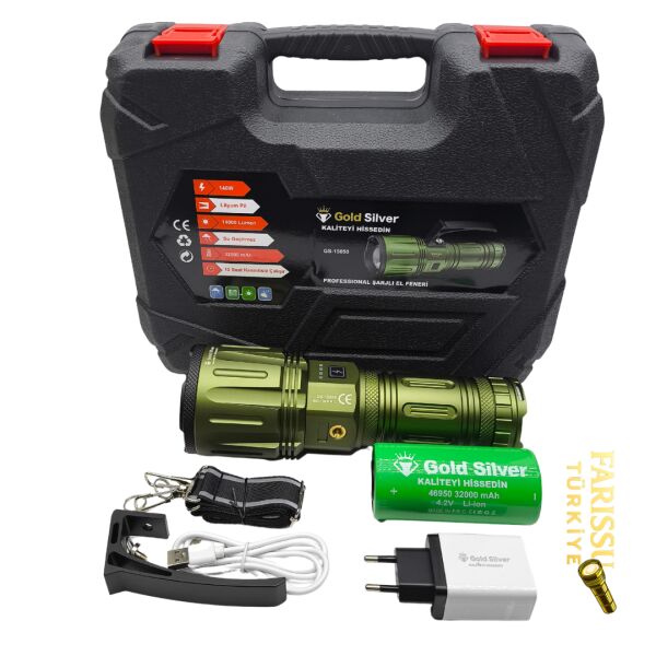 Gold Silver GS-15050 Profesyonel Şarjlı El Feneri - 14.000 Lümen / 32.000 mAh Dev Batarya
