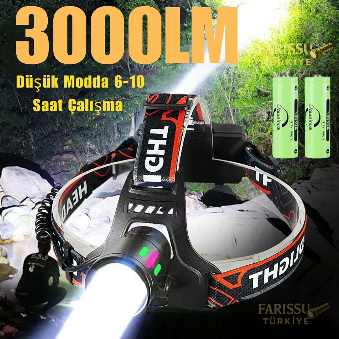 3000 Lümen Şarjlı Zoomlu Kafa Lambası - 1 KM Menzilli, IPX6 Su Geçirmez