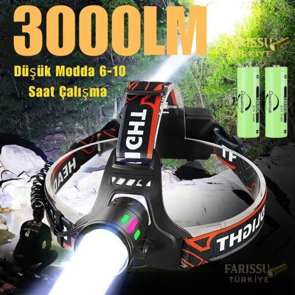 3000 Lümen Şarjlı Zoomlu Kafa Lambası - 1 KM Menzilli, IPX6 Su Geçirmez