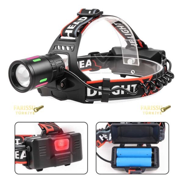 3000 Lümen Şarjlı Zoomlu Kafa Lambası - 1 KM Menzilli, IPX6 Su Geçirmez