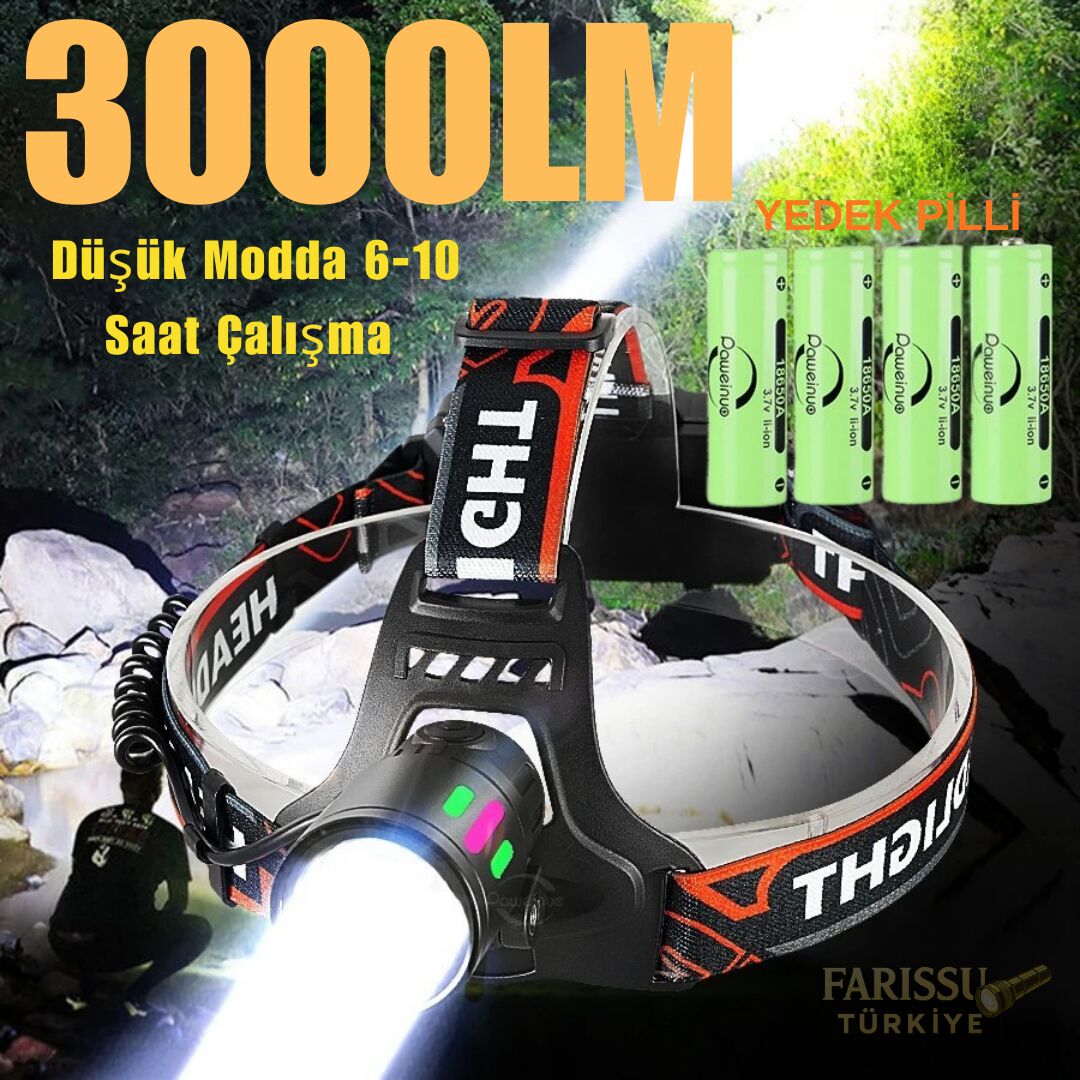 Avantajlı Paket 3000 Lümen Şarjlı Zoomlu Kafa Lambası + 4 ADET 18650 PİL DAHİL - 1 KM Menzilli