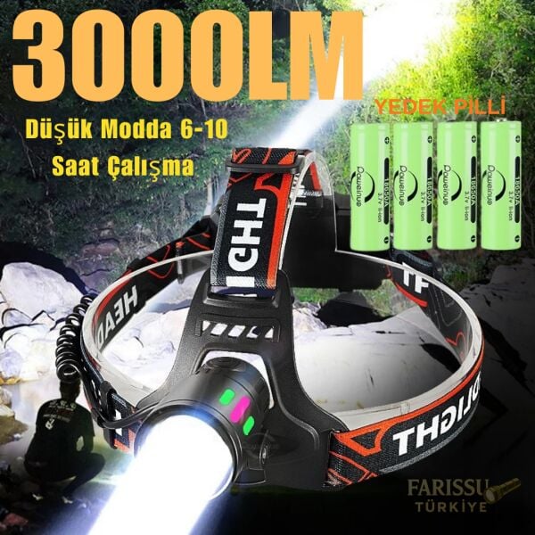 Avantajlı Paket 3000 Lümen Şarjlı Zoomlu Kafa Lambası + 4 ADET 18650 PİL DAHİL - 1 KM Menzilli