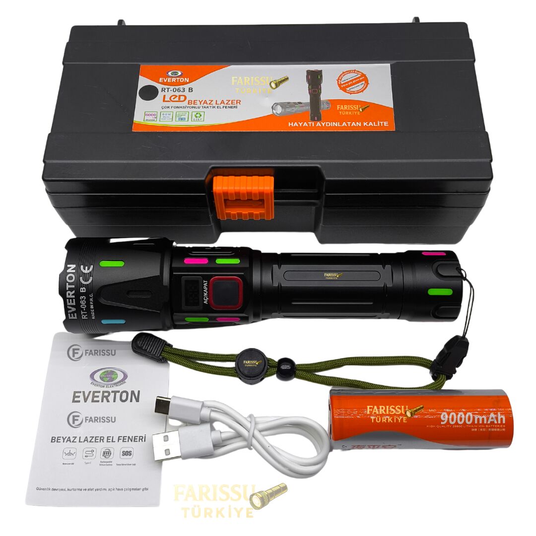 RT-063 B 60W 6000 Lümen Ultra Güçlü Beyaz Lazer LED El Feneri - 2 KM Menzilli & Powerbank Özellikli