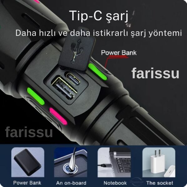 RT-063 B 60W 6000 Lümen Ultra Güçlü Beyaz Lazer LED El Feneri - 2 KM Menzilli & Powerbank Özellikli