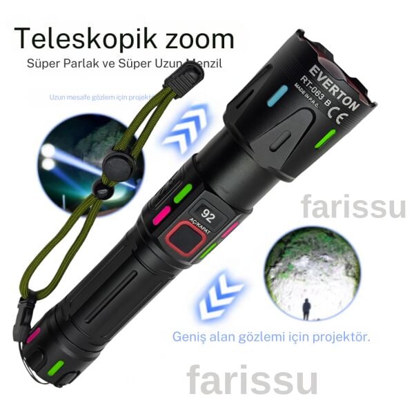 RT-063 B 60W 6000 Lümen Ultra Güçlü Beyaz Lazer LED El Feneri - 2 KM Menzilli & Powerbank Özellikli