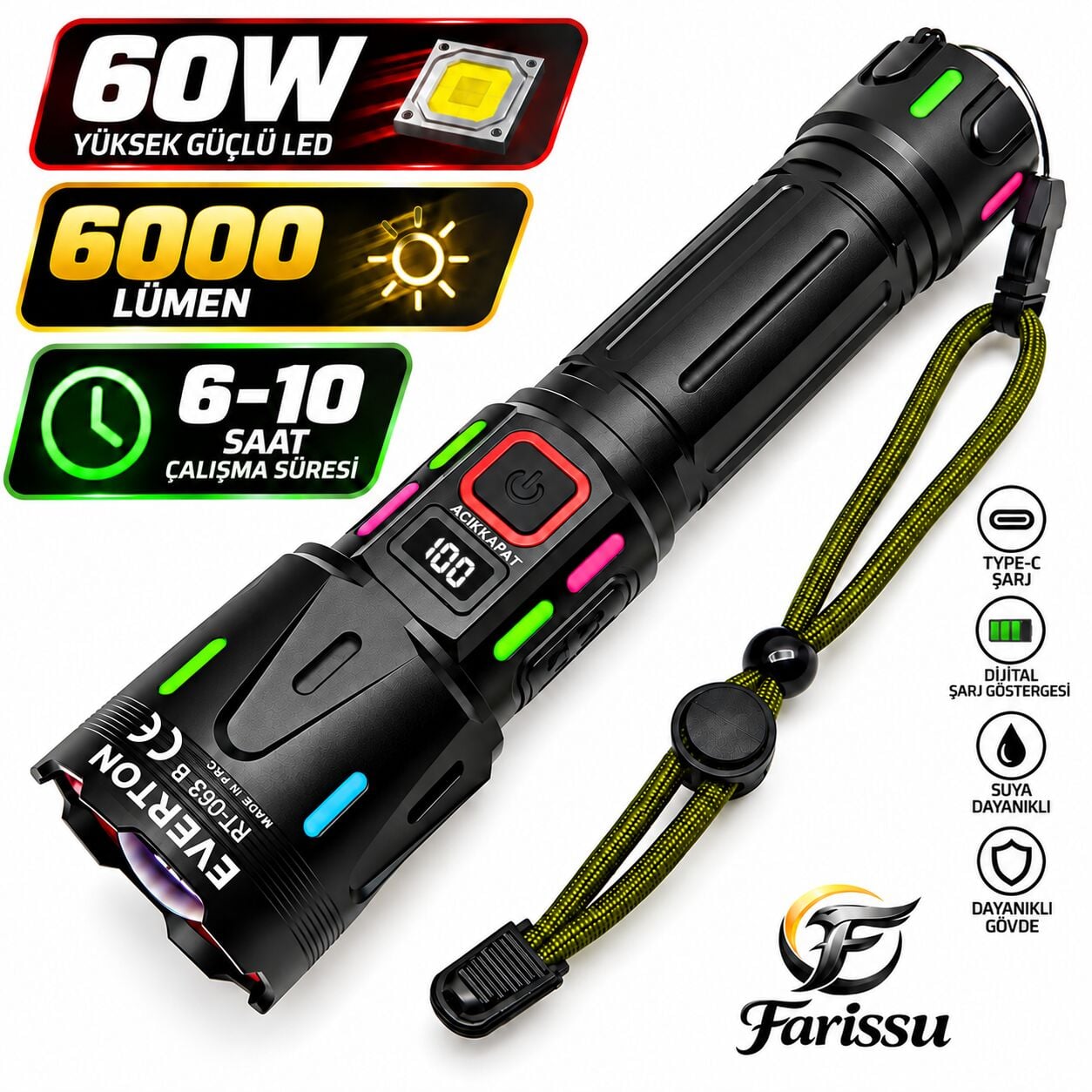 RT-063 B 60W 6000 Lümen Ultra Güçlü Beyaz Lazer LED El Feneri - 2 KM Menzilli & Powerbank Özellikli