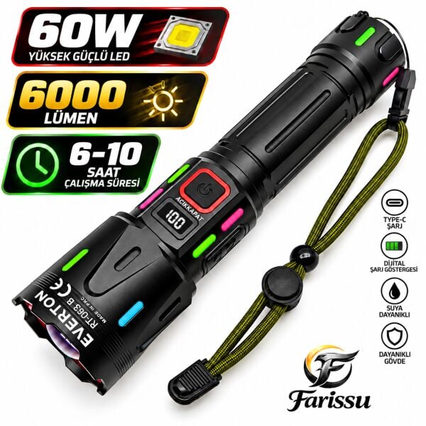RT-063 B 60W 6000 Lümen Ultra Güçlü Beyaz Lazer LED El Feneri - 2 KM Menzilli & Powerbank Özellikli