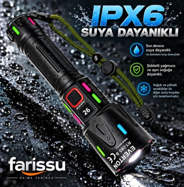 RT-063 B 60W 6000 Lümen Ultra Güçlü Beyaz Lazer LED El Feneri - 2 KM Menzilli & Powerbank Özellikli