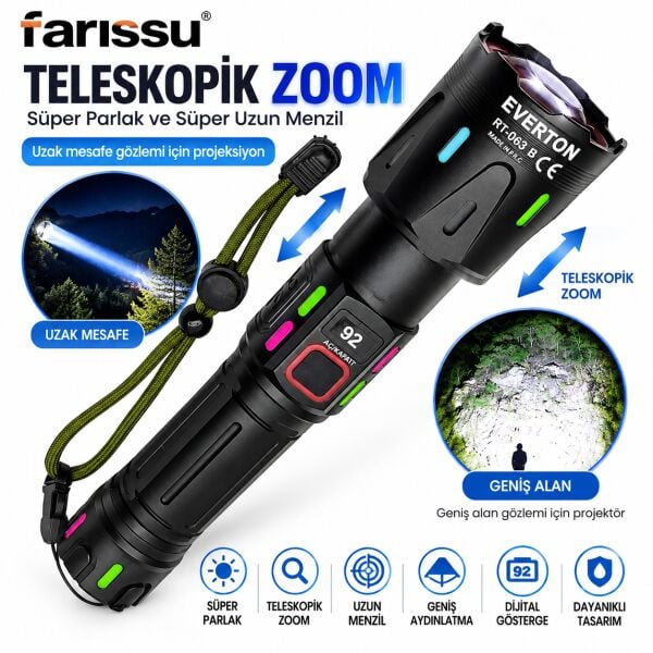 RT-063 B 60W 6000 Lümen Ultra Güçlü Beyaz Lazer LED El Feneri - 2 KM Menzilli & Powerbank Özellikli