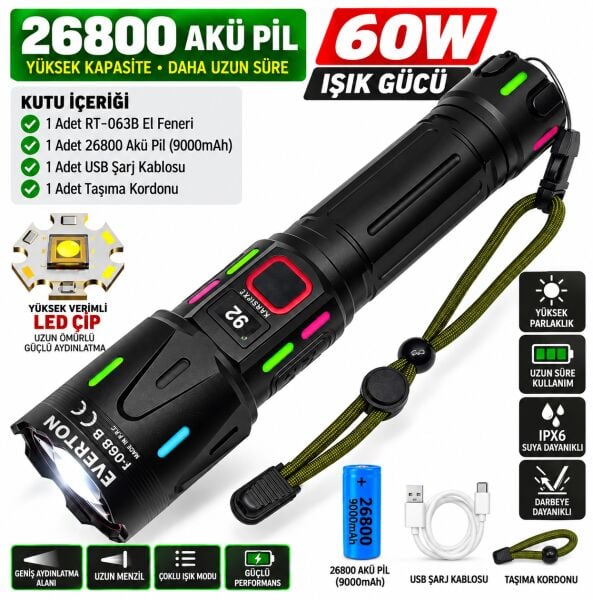 RT-063 B 60W 6000 Lümen Ultra Güçlü Beyaz Lazer LED El Feneri - 2 KM Menzilli & Powerbank Özellikli
