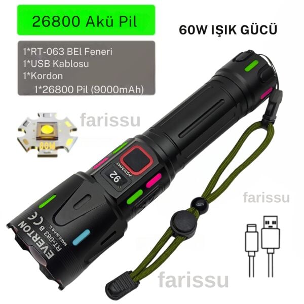 AVANTAJLI PAKET RT-063 B 60W 6000 Lümen Beyaz Lazer Fener - Yedek Pil Setli