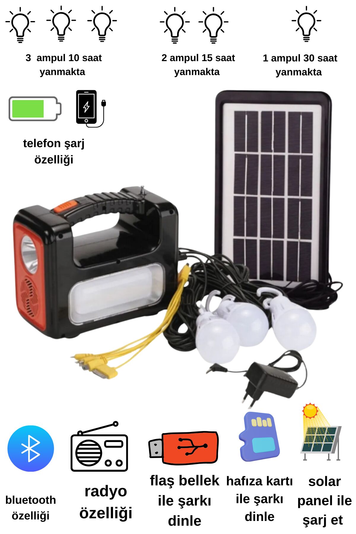 Solar Panelli Radyolu Çok Foksiyonlu Kamp Feneri Bluetooth