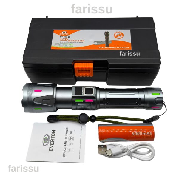 Everton RT-063 B Beyaz Lazer Taktik El Feneri - 60W, 6000 Lümen, 2km Menzilli