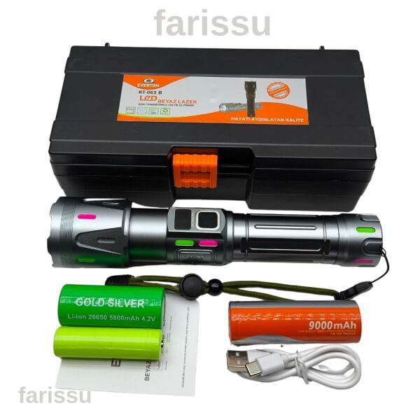 RT-063 B Beyaz Lazer Taktik El Feneri - 60W, 6000 Lümen (Full Yedek Pil Paketi)