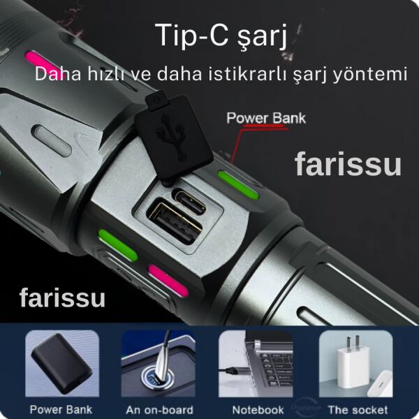 RT-063 B Beyaz Lazer Taktik El Feneri - 60W, 6000 Lümen (Full Yedek Pil Paketi)