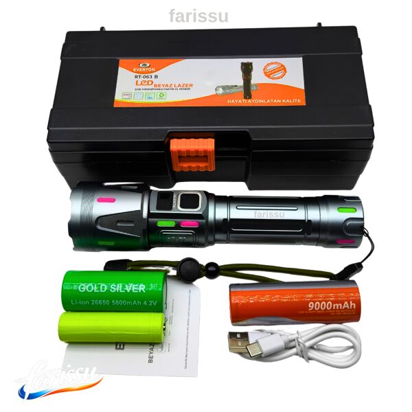 RT-063 B Beyaz Lazer Taktik El Feneri - 60W, 6000 Lümen (Full Yedek Pil Paketi)