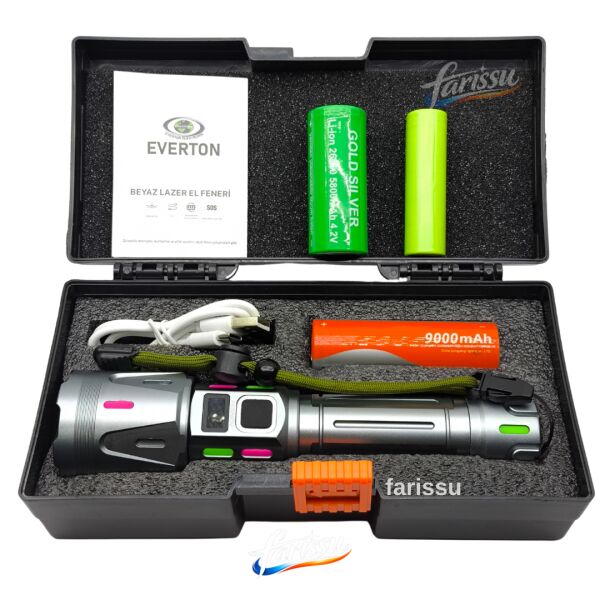 RT-063 B Beyaz Lazer Taktik El Feneri - 60W, 6000 Lümen (Full Yedek Pil Paketi)