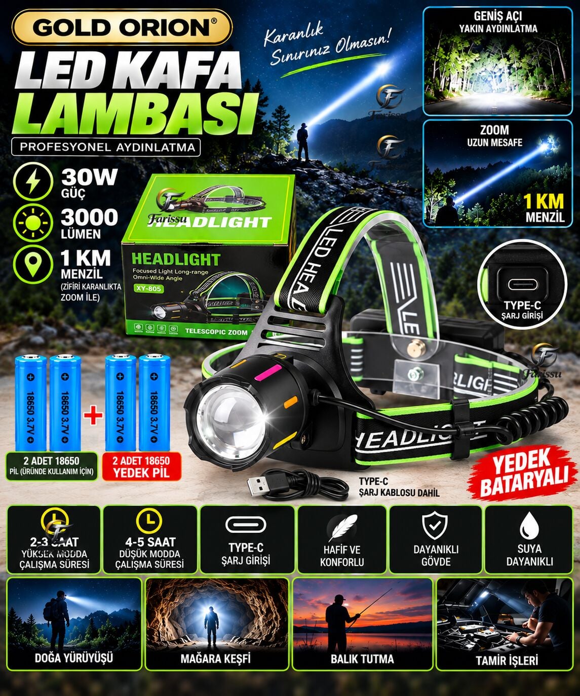30W Ultra Güçlü LED Kafa Lambası (4 Adet Pilli - Yedek Bataryalı Set) - 3000 Lümen 1000m Menzil