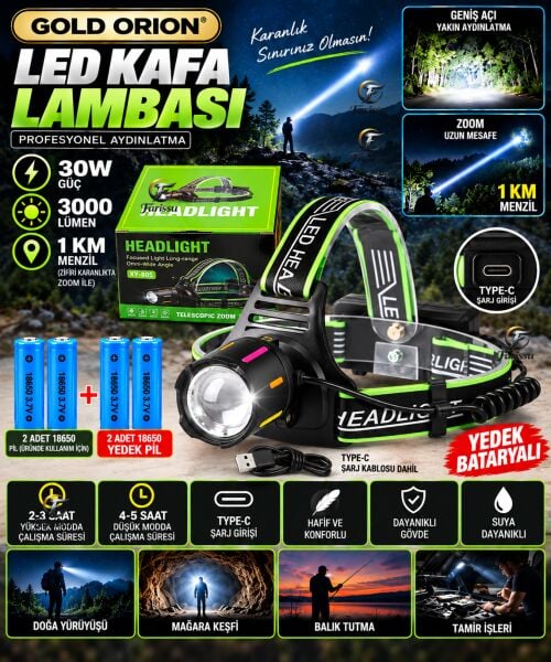 30W Ultra Güçlü LED Kafa Lambası (4 Adet Pilli - Yedek Bataryalı Set) - 3000 Lümen 1000m Menzil