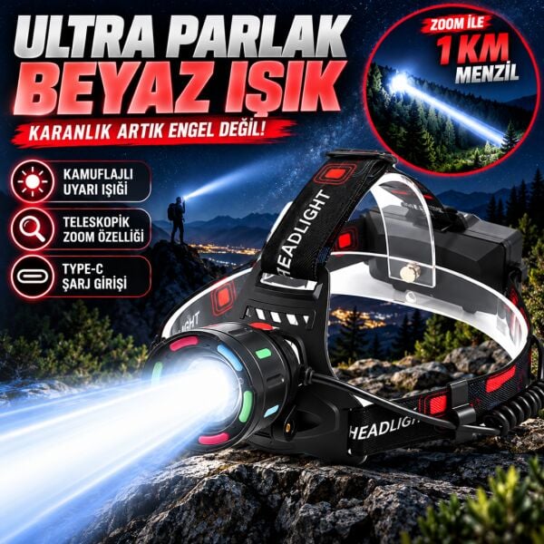 30W Ultra Güçlü LED Kafa Lambası (4 Adet Pilli - Yedek Bataryalı Set) - 3000 Lümen 1000m Menzil