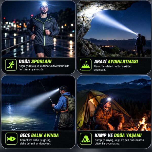 30W Ultra Güçlü LED Kafa Lambası (4 Adet Pilli - Yedek Bataryalı Set) - 3000 Lümen 1000m Menzil