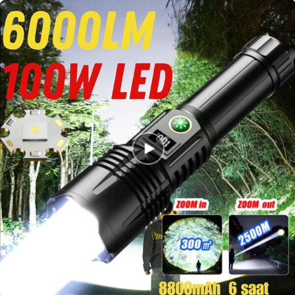 Gold Orion OR-508-TG 100W 6000 Lümen Ultra Güçlü El Feneri - Yedek 26650 Yedek Pilli