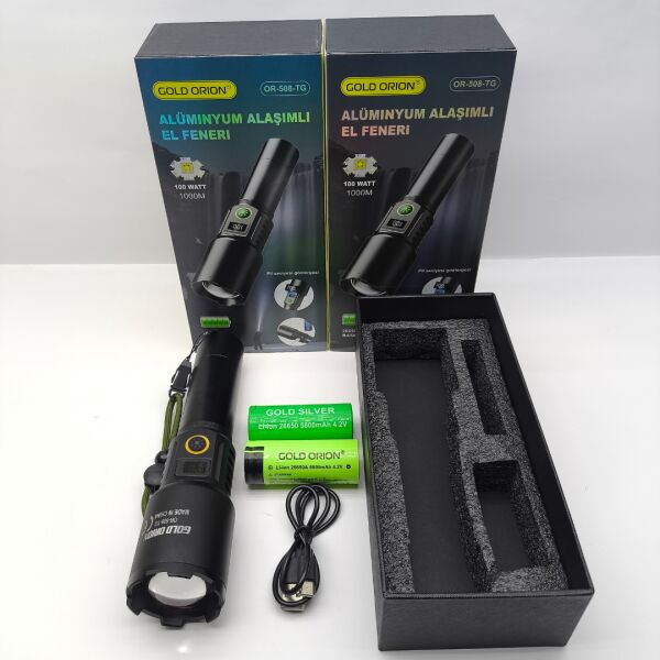 Gold Orion OR-508-TG 100W 6000 Lümen Ultra Güçlü El Feneri - Yedek 26650 Yedek Pilli