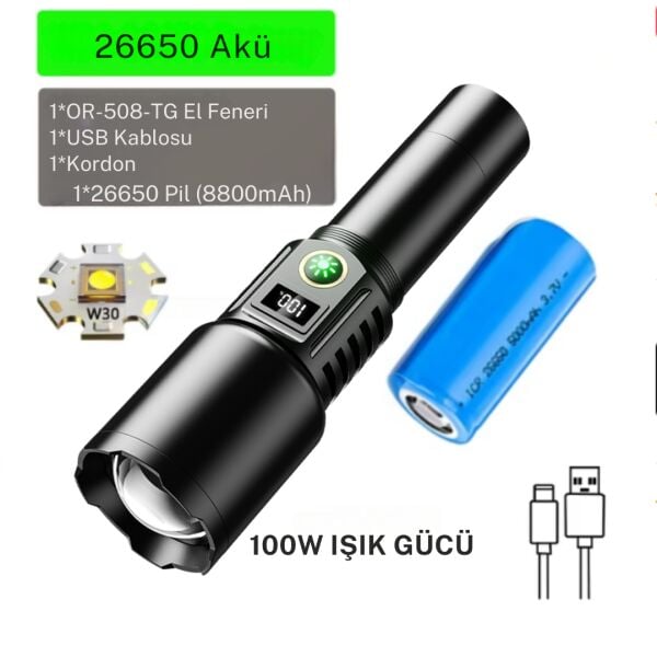 Gold Orion OR-508-TG 100W 6000 Lümen Ultra Güçlü El Feneri - Yedek 26650 Yedek Pilli