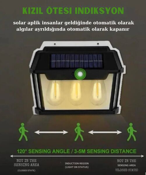 Solar penelli hareket algılama sensörlü otomatik kapanma özelliğine sahip kızıl ötesi aplik