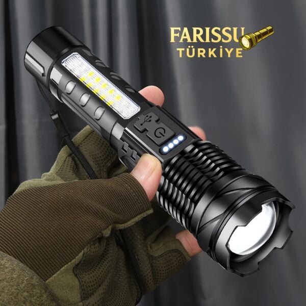 2500 Lümen Şarjlı Taktik LED El Feneri – 7 Modlu, Zoom Özellikli, COB Yan Işıklı + Özel Kılıf Hediyeli