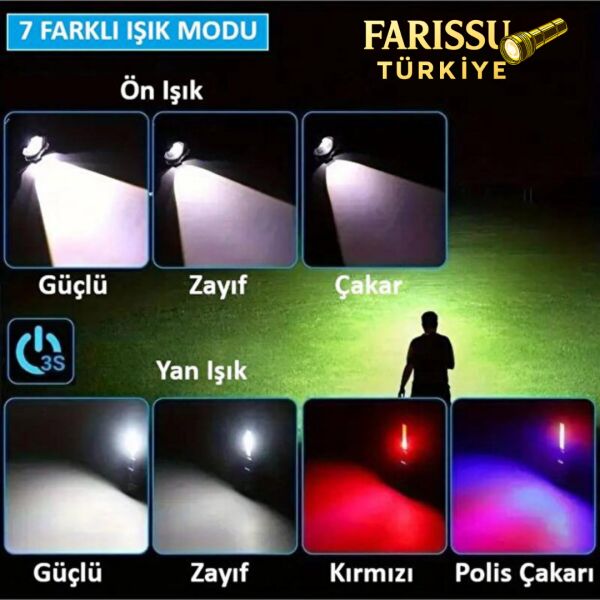 2500 Lümen Şarjlı Taktik LED El Feneri – 7 Modlu, Zoom Özellikli, COB Yan Işıklı + Özel Kılıf Hediyeli