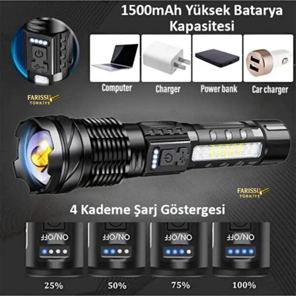 2500 Lümen Şarjlı Taktik LED El Feneri – 7 Modlu, Zoom Özellikli, COB Yan Işıklı + Özel Kılıf Hediyeli