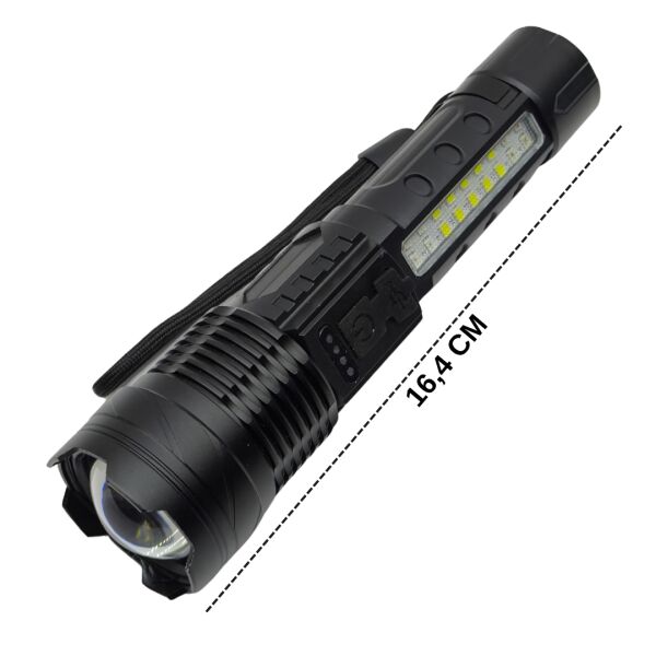 2500 Lümen Şarjlı Taktik LED El Feneri – 7 Modlu, Zoom Özellikli, COB Yan Işıklı + Özel Kılıf Hediyeli