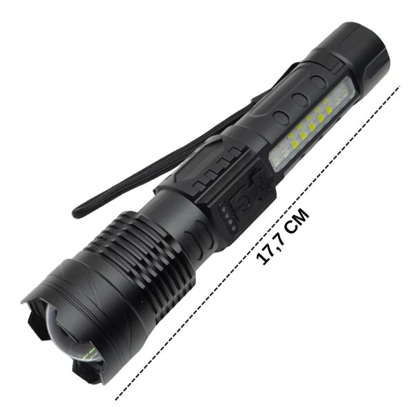 2500 Lümen Şarjlı Taktik LED El Feneri – 7 Modlu, Zoom Özellikli, COB Yan Işıklı + Özel Kılıf Hediyeli