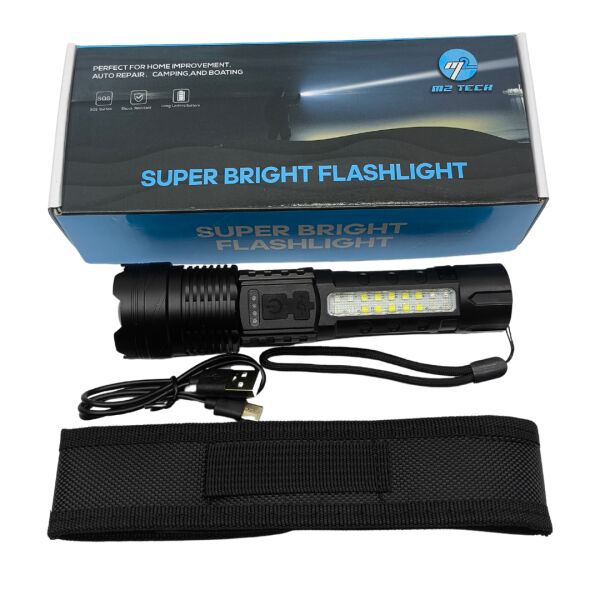 2500 Lümen Şarjlı Taktik LED El Feneri – 7 Modlu, Zoom Özellikli, COB Yan Işıklı + Özel Kılıf Hediyeli