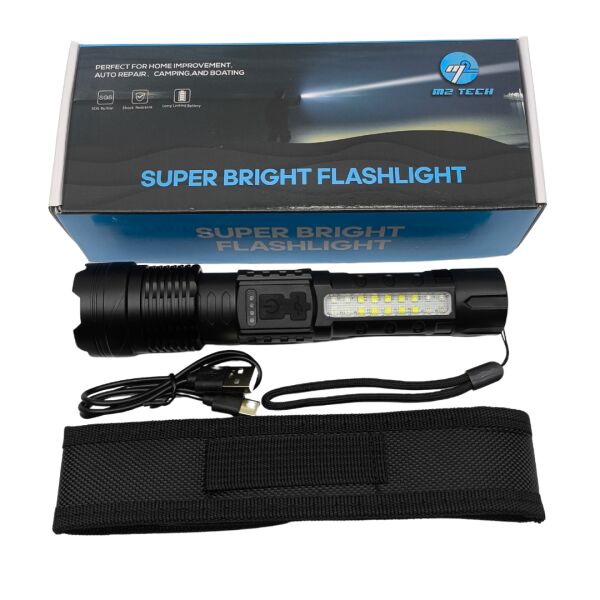 2500 Lümen Şarjlı Taktik LED El Feneri – 7 Modlu, Zoom Özellikli, COB Yan Işıklı + Özel Kılıf Hediyeli