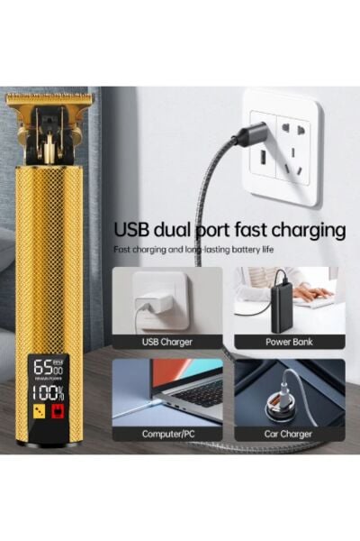 gold tech Led Ekranlı Çelik Kasa Profesyonel T-bıçak Saç Sakal, Ense Çizim Tıraş Makinesi