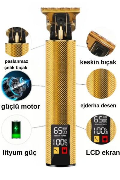 gold tech Led Ekranlı Çelik Kasa Profesyonel T-bıçak Saç Sakal, Ense Çizim Tıraş Makinesi