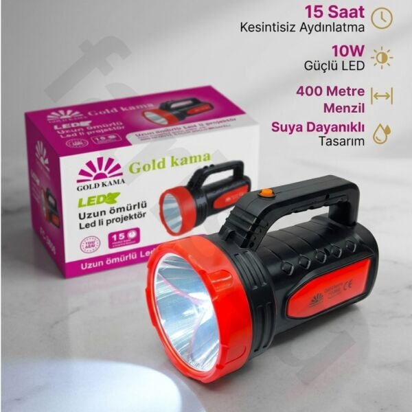 Gold Kama FC-3606 Şarjlı LED Projektör - 10W Güçlü El Feneri (400-500m Menzil)