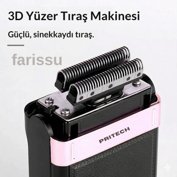 Pritech RF-1551 Şarjlı Erkek Tıraş Makinesi - Deri Kaplama 3D Yüzer Başlık Sinekkaydı Tıraş Makinesi