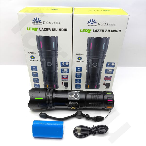 Gold Kama GK9589 Lazer Silindir El Feneri - 10000 Lümen, 2200 Metre Menzil, Powerbank Özellikli
