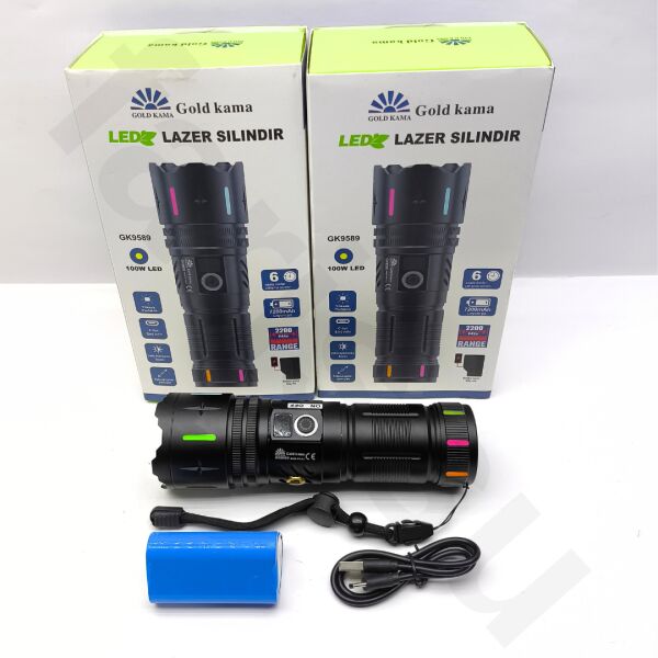 Gold Kama GK9589 Lazer Silindir El Feneri - 10000 Lümen, 2200 Metre Menzil, Powerbank Özellikli