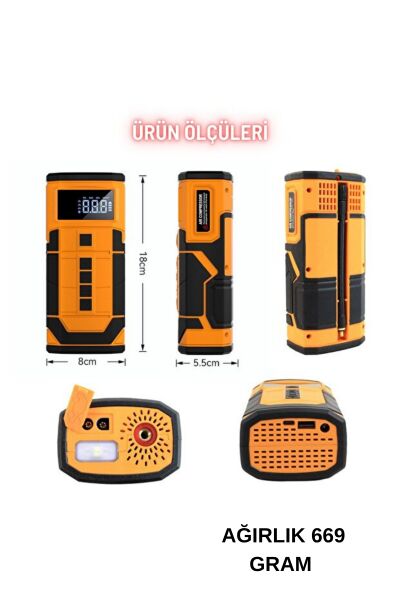 Taşınabilir Araç Akü Takviye Cihazı (Jump Starter) & 150 PSI Dijital Ekranlı Akıllı Hava Kompresörü