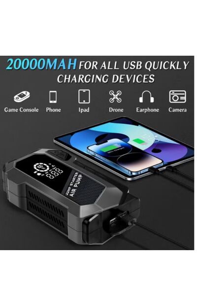 Arada Taşınabilir Akü Takviye Cihazı (4000A) & Hava Kompresörü (150 PSI) - 20000mAh Powerbank