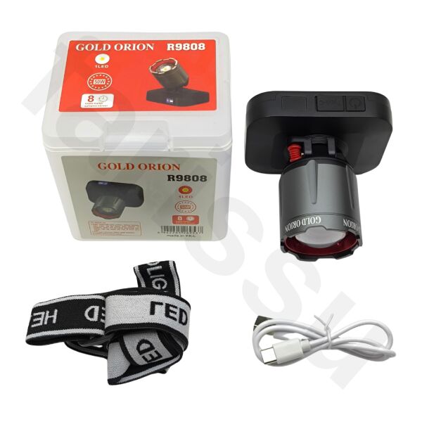 R9808 Şarjlı Kafa Lambası - 50W 5000 Lümen Güçlü LED Fener, Zoom Özellikli, 3 Modlu Powerbank