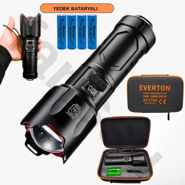 Everton RT-T709 Profesyonel Fener - 4 Adet 18650 Model Pil Dahil - 10400 mAh Powerbank