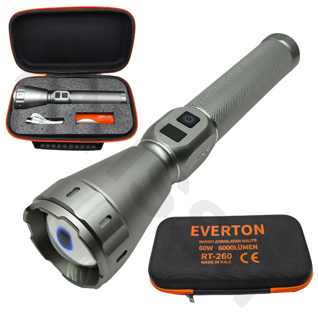 Everton RT-260 60W 6000 Lümen Ultra Güçlü Şarjlı El Feneri - 2 KM Menzilli, Zoomlu, Çantalı Tam Set