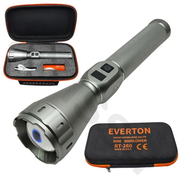 Everton RT-260 60W 6000 Lümen Ultra Güçlü Şarjlı El Feneri - 2 KM Menzilli, Zoomlu, Çantalı Tam Set