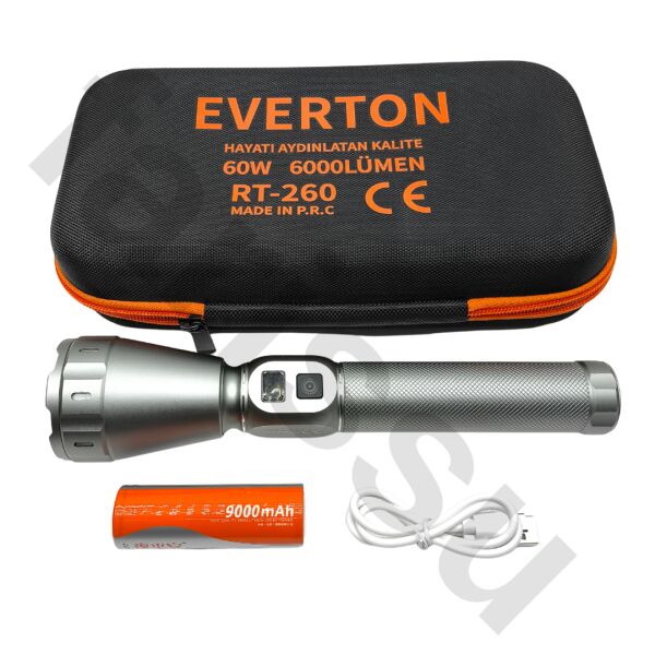 Everton RT-260 60W 6000 Lümen Ultra Güçlü Şarjlı El Feneri - 2 KM Menzilli, Zoomlu, Çantalı Tam Set
